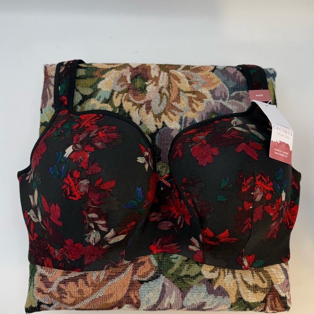 New Cacique Black Bra with Red‎ Floral Design Sz 40D - Picture 3 of 15